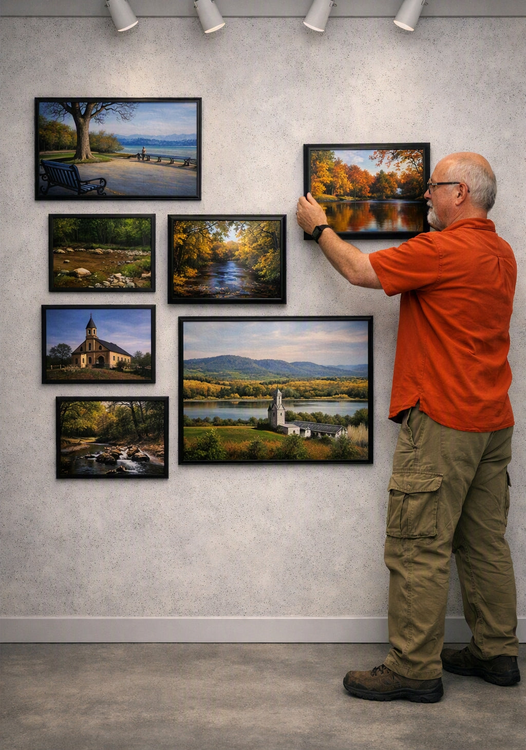 Artist Harold Dumas hangs a framed landscape painting on a textured gray gallery wall, surrounded by other framed scenic paintings.