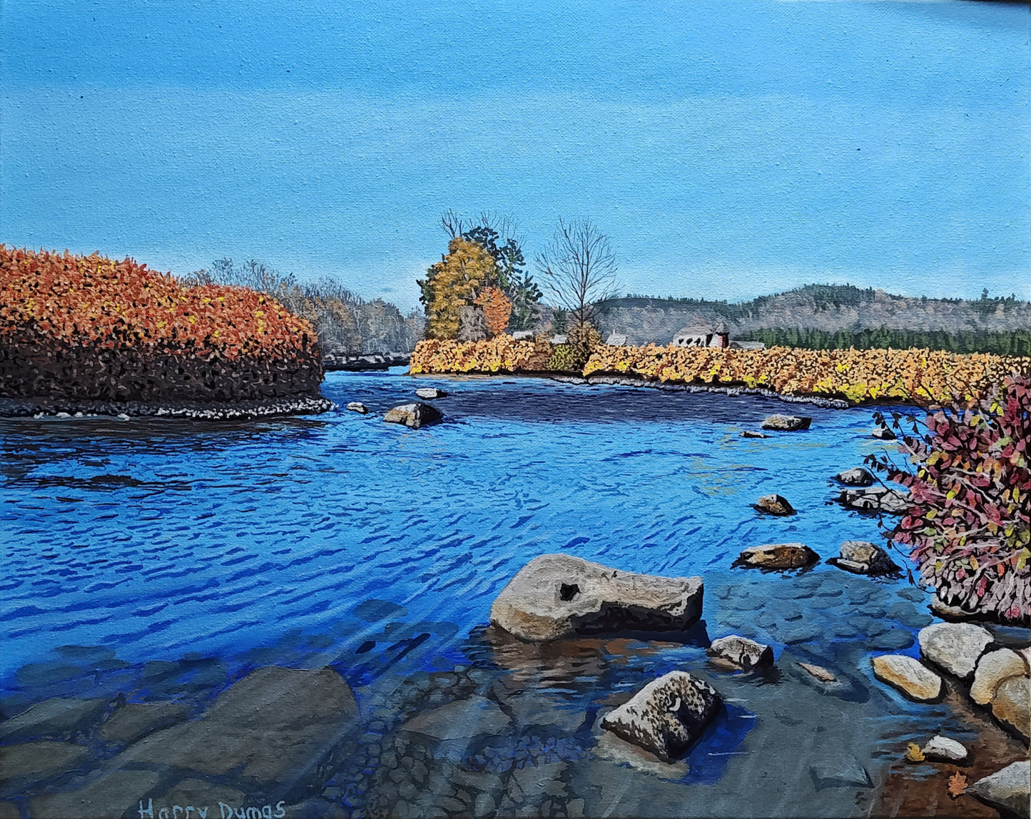 Deerfield River oil painting, oil on a 20 x 26 inch canvas. Artistic depiction of a landscape with water, rocks, and colorful foliage.
