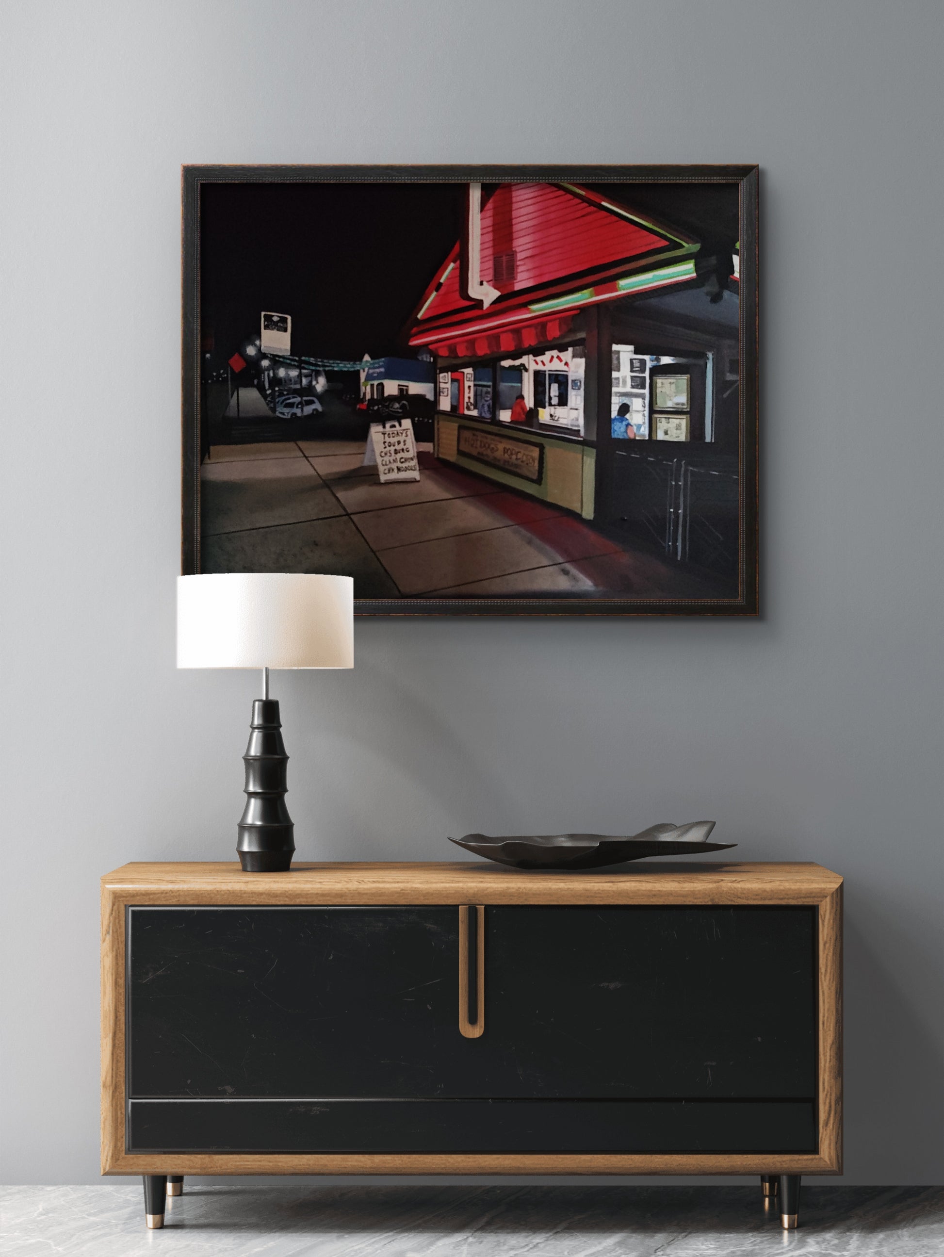 Late Night at Nick's Nest painting hanging on wall in room