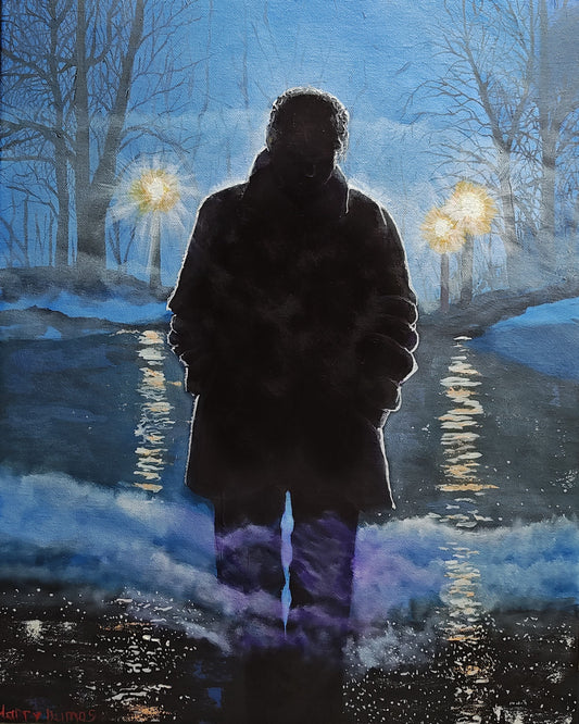 Second of a Five Painting Narrative: The Fog Between Us;
Title: "His Search"