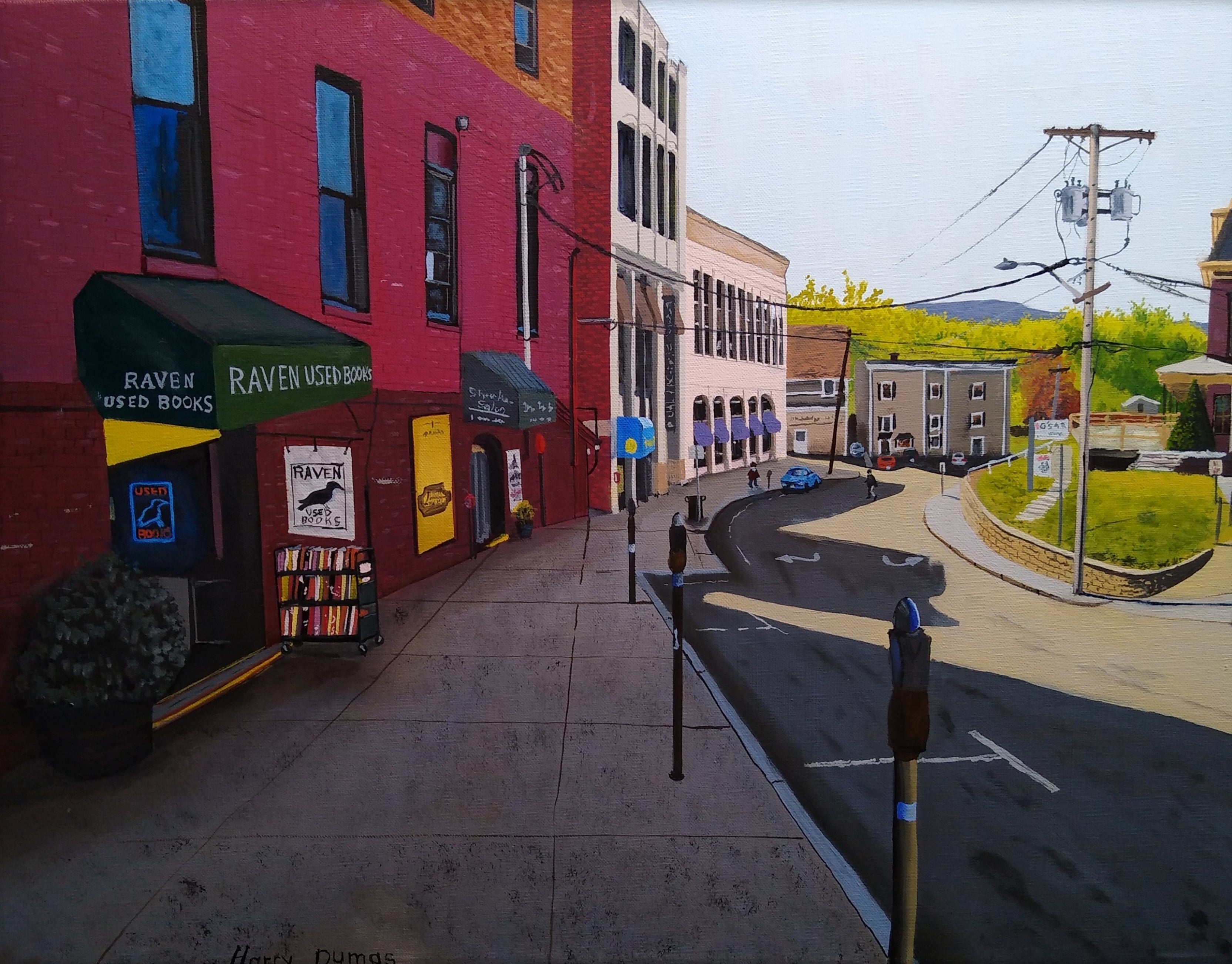Load video: The Raven Painting is done from the vantage point of looking down Old South St with the Raven Book store on the left, Herrells, and the parking garage and Osaka&#39;s on the right. It was a summer morning and I recall walking up the street to get the photo while a portion of the street was in shadow. #photorealistic #art #artforthehome #artforsale #landscapes #cityscapes
