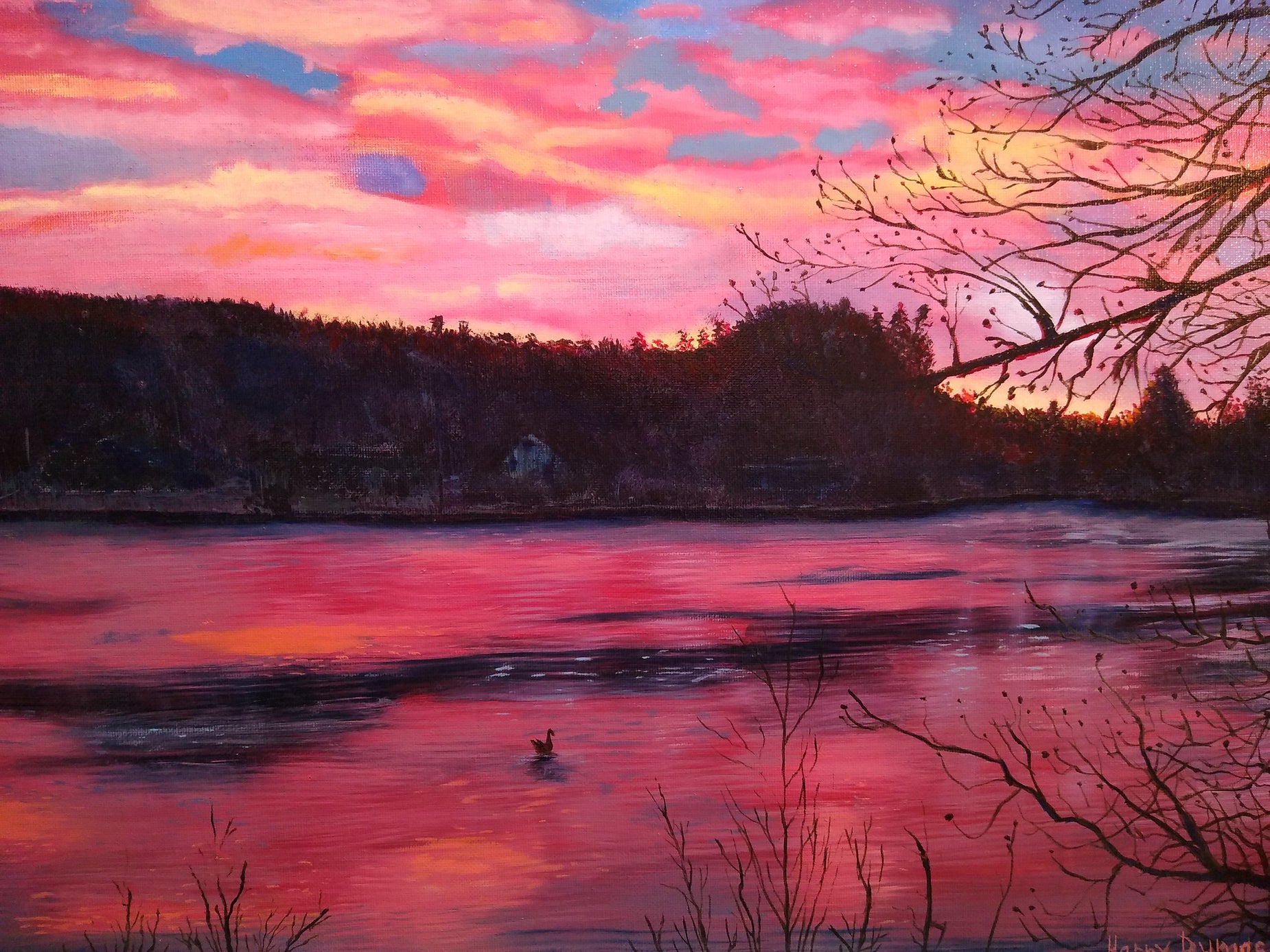 Sunrise on Leverett Pond, oil on 20 x 16 in cotton canvas