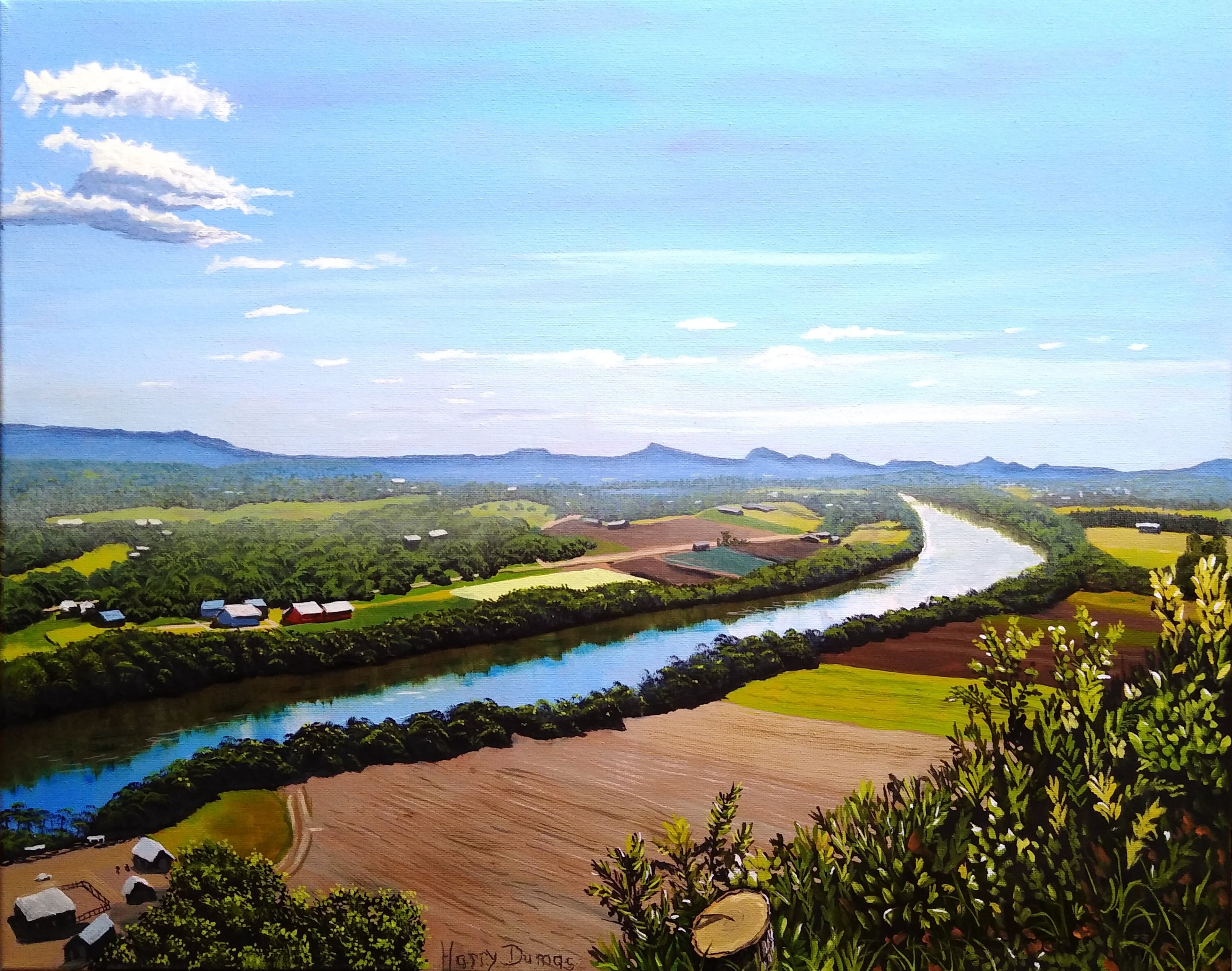 Load video: Capturing the serenity of a sun-kissed September day, this painting offers a breathtaking panorama from the summit of Mt Sugarloaf, gazing southward over the Connecticut River. A picturesque landscape unfolds with verdant farm fields and charming rural buildings gracing both banks of the river, while majestic trees stand sentinel along its course. The undulating hills and distant mountains of Western Mass form a majestic backdrop.
