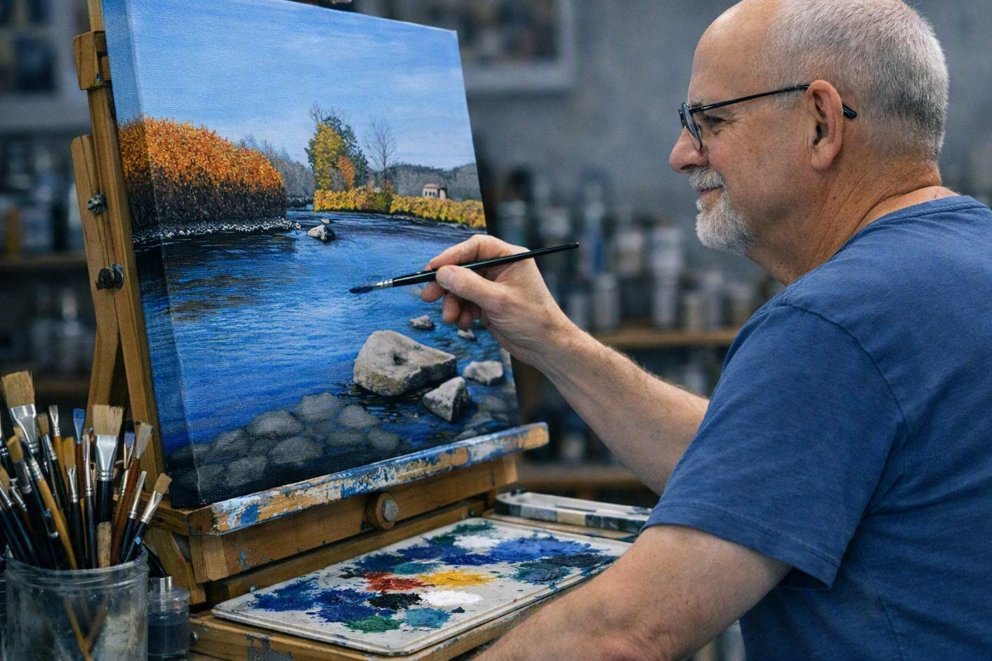 artist Harold Dumas at his easel, wearing a blue t-shirt, is painting a landscape scene of a river with autumn trees in his art studio.